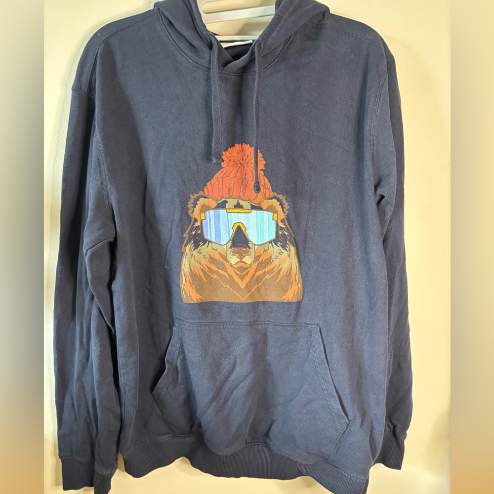 Rowm Mesa Sunset‎ Grizzly Bear in Ski Goggles Graphic Hoodie Men M Blue